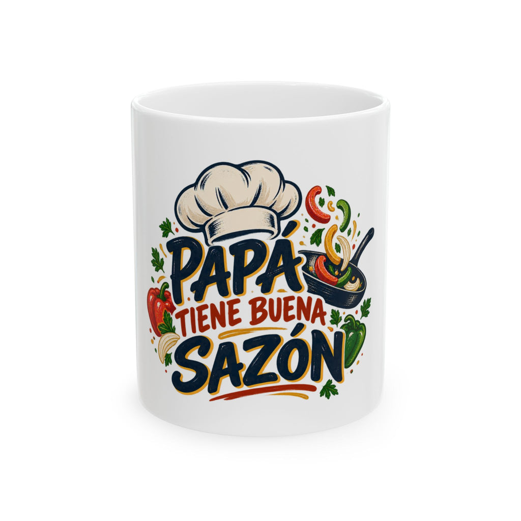 Papá tiene buena sazón — Taza para papá chef | Cerámica blanca 11oz