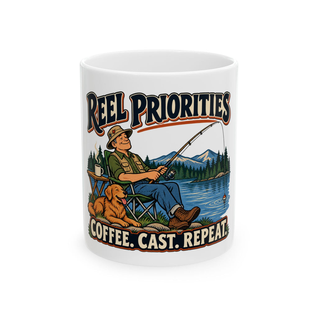 Reel Priorities — Vintage Comic Fishing Dad Mug | White Ceramic 11oz