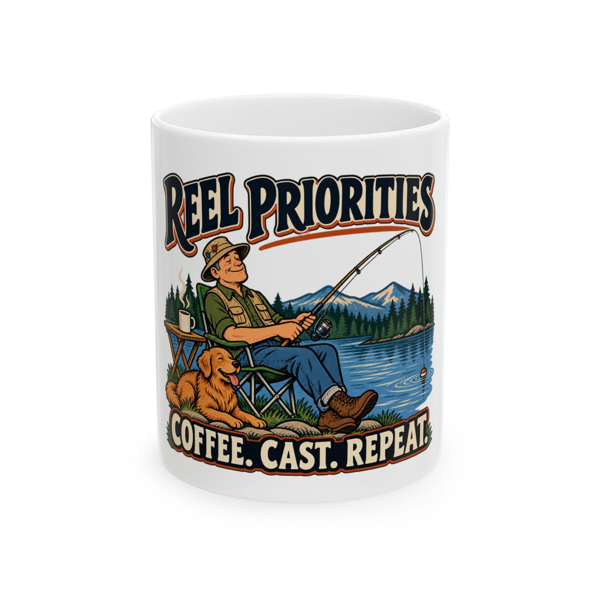 Reel Priorities — Vintage Comic Fishing Dad Mug | White Ceramic 11oz