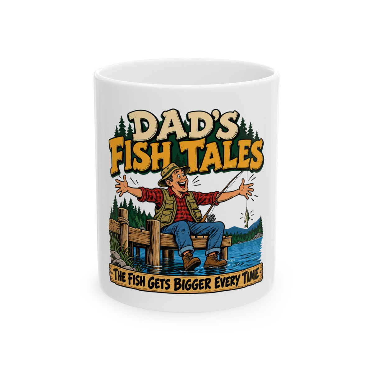 Dad’s Fish Tales — Vintage Comic Fishing Dad Mug | White Ceramic 11oz