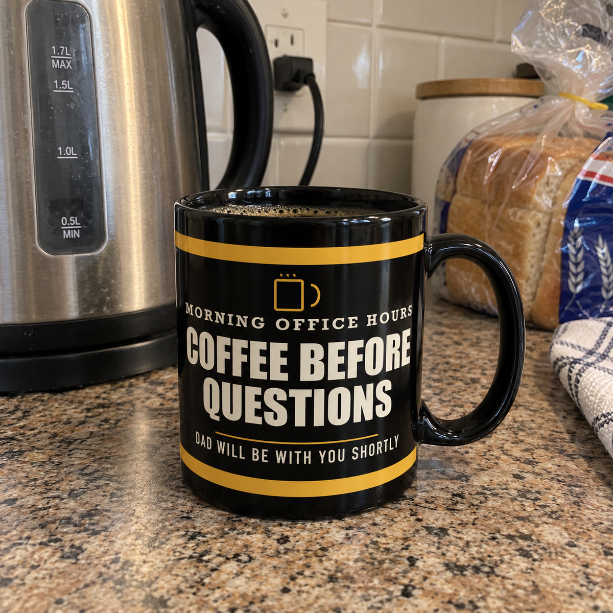 Coffee Before Questions — Funny Coffee Gift for Dad | Black Mug, 11oz and 15oz