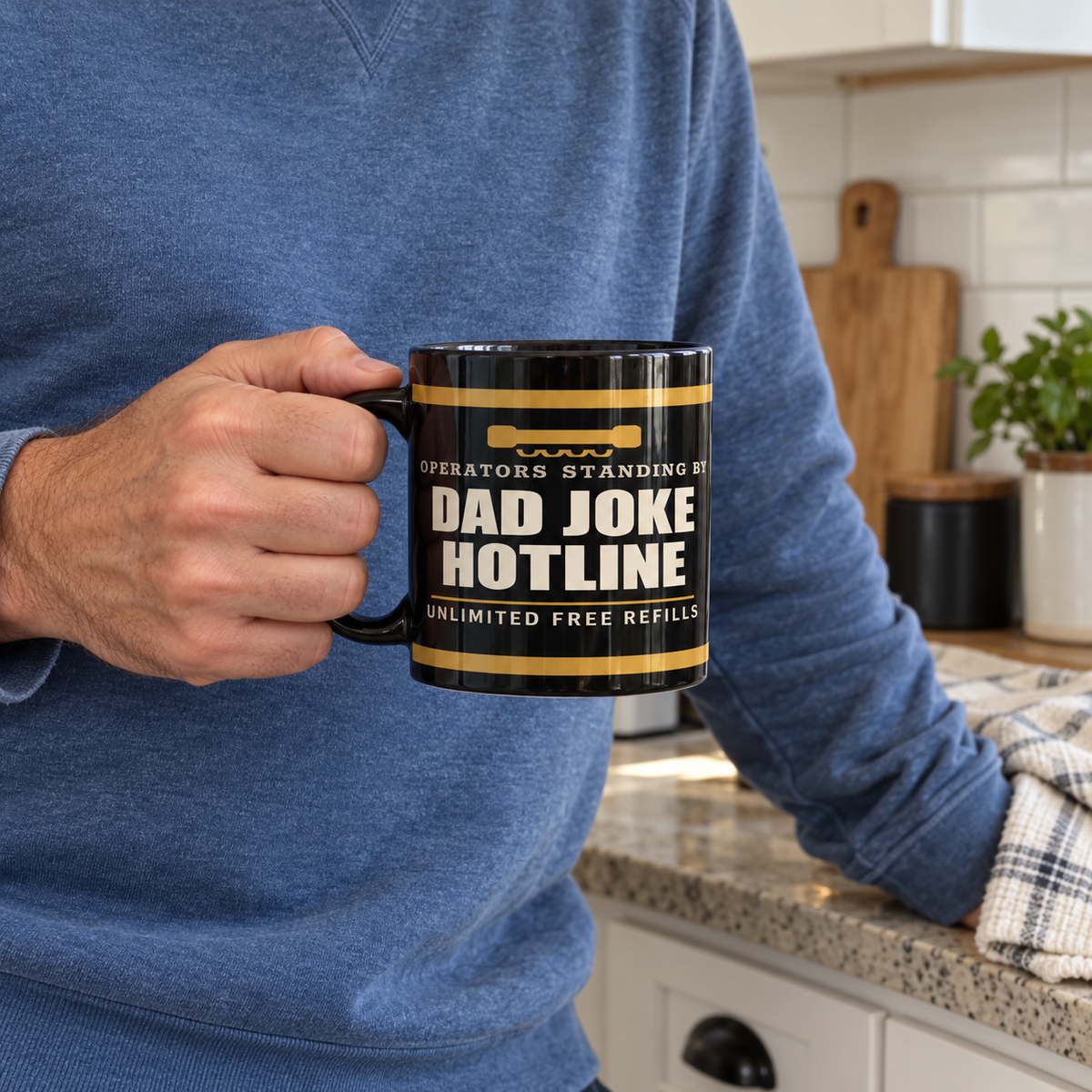Dad Joke Hotline — Funny Dad Joke Gift | Black Mug, 11oz and 15oz