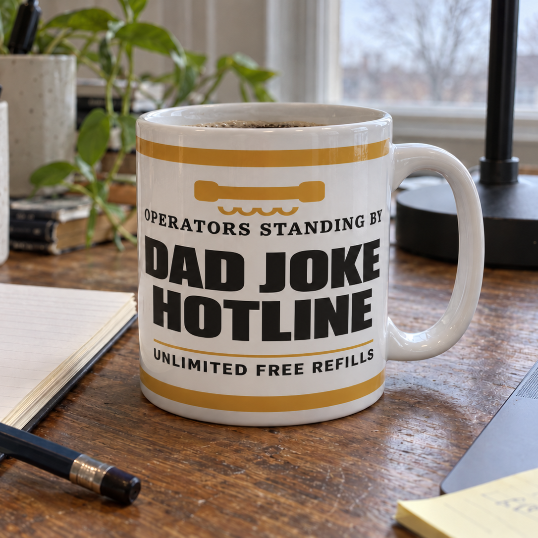 Dad Joke Hotline — Funny Dad Joke Gift | White Ceramic Mug, 11oz and 15oz