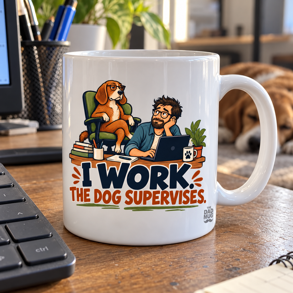I Work. The Dog Supervises. — Funny Dad Gift Mug | White Ceramic 11oz
