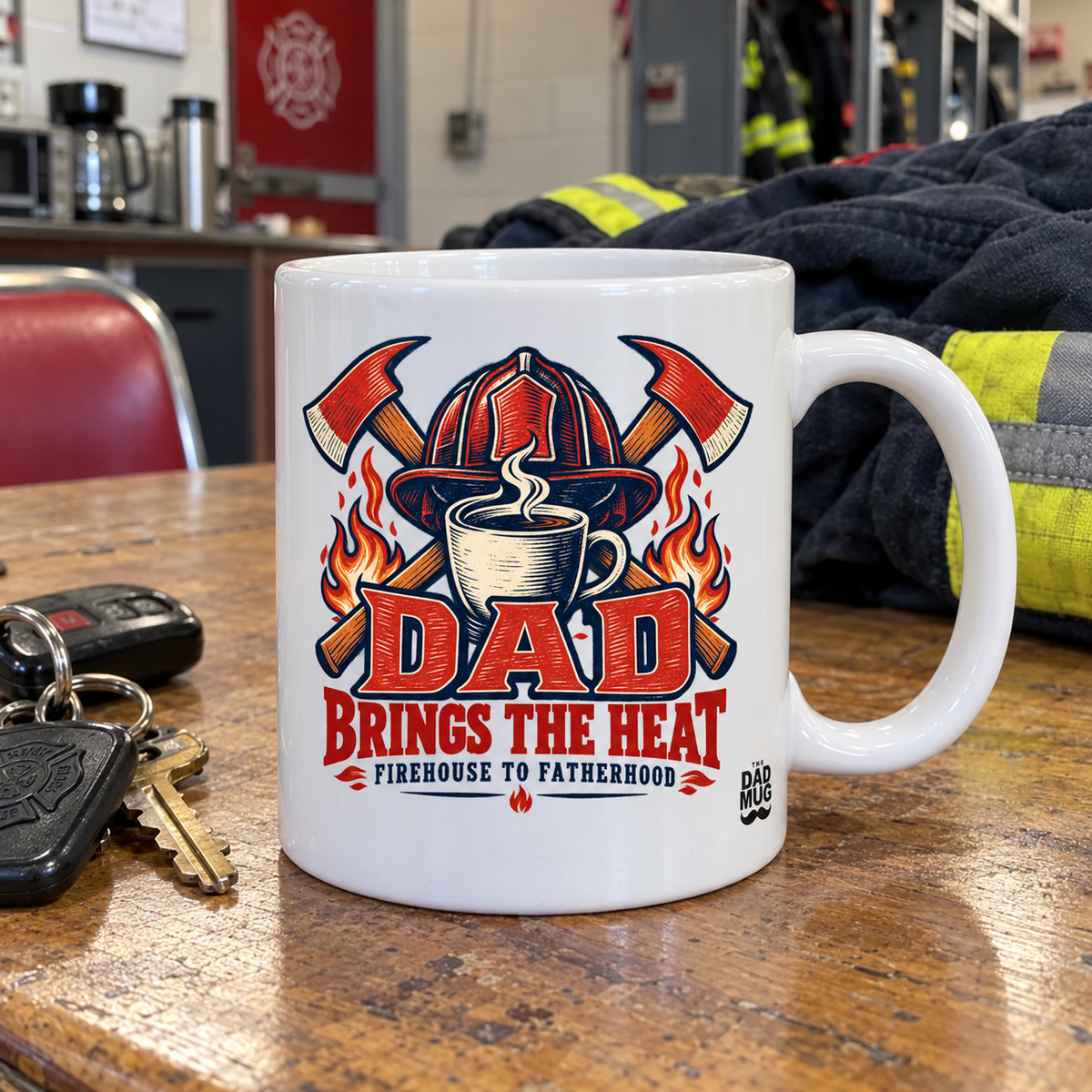 Dad Brings The Heat — Firefighter Dad Gift Mug | White Ceramic 11oz