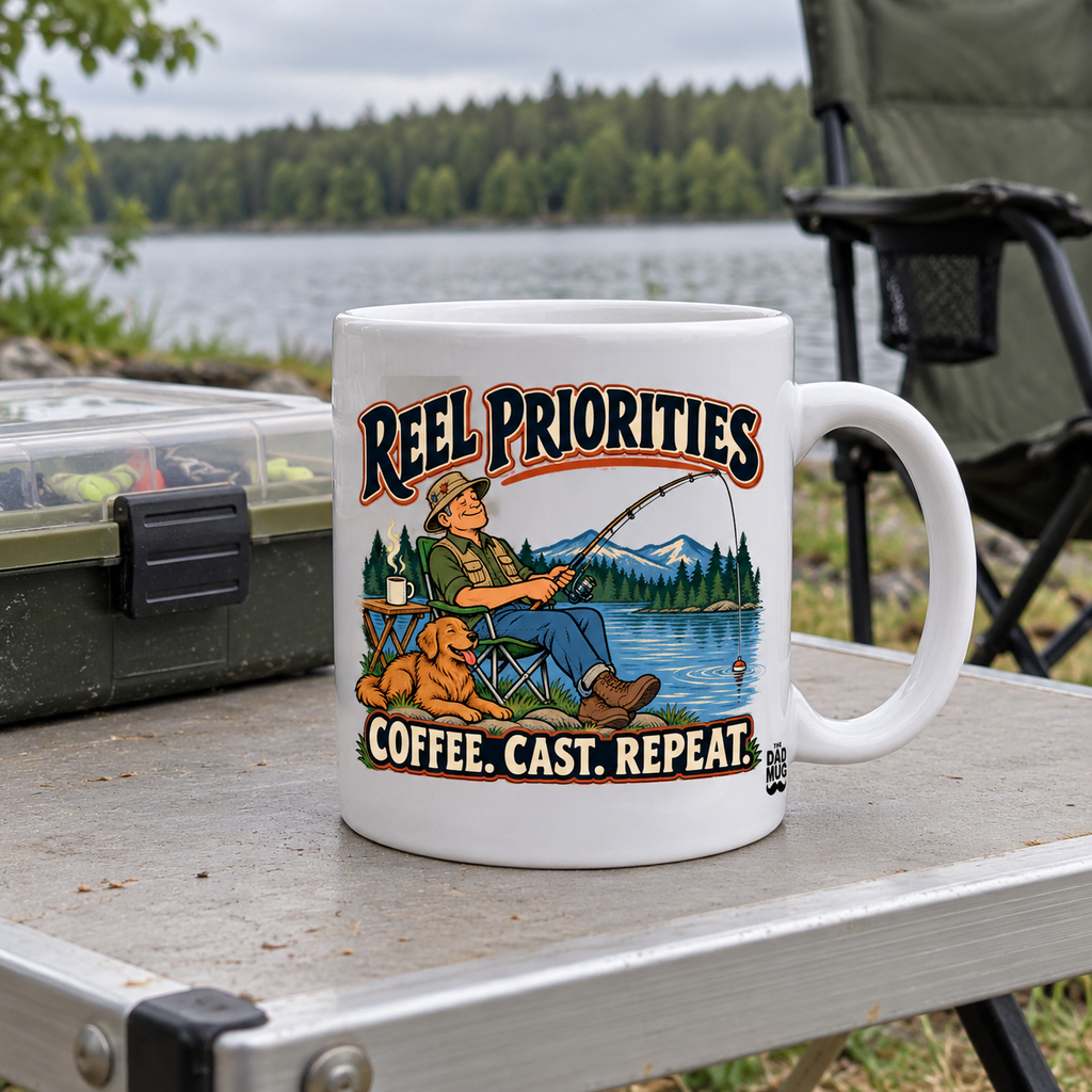 Reel Priorities — Vintage Comic Fishing Dad Mug | White Ceramic 11oz