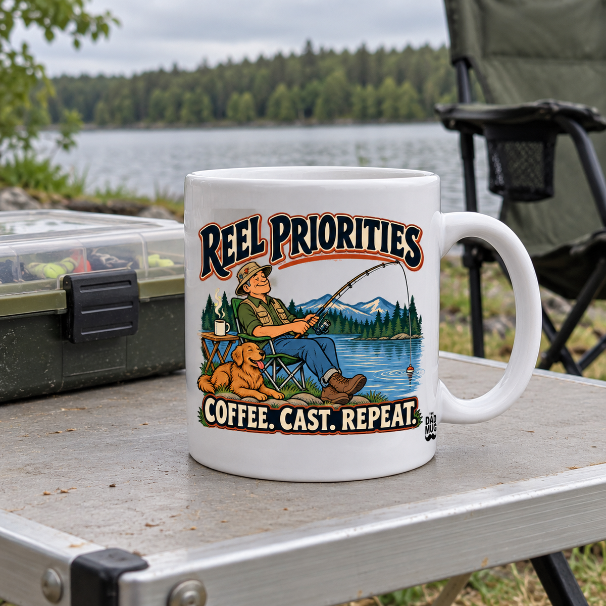 Reel Priorities — Vintage Comic Fishing Dad Mug | White Ceramic 11oz