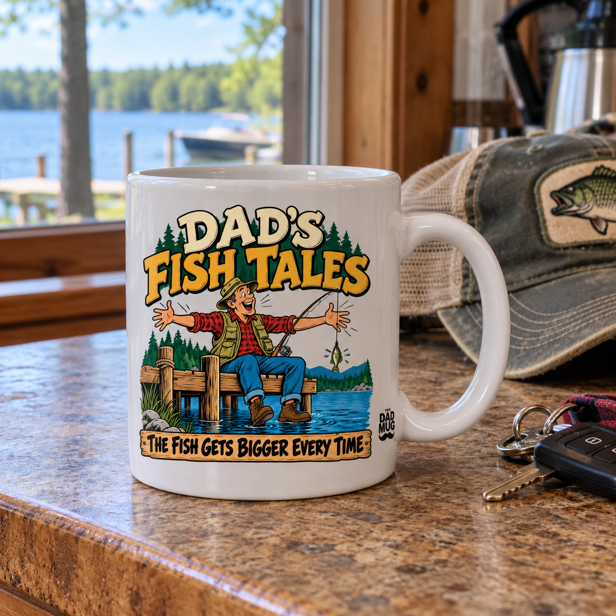 Dad’s Fish Tales — Vintage Comic Fishing Dad Mug | White Ceramic 11oz