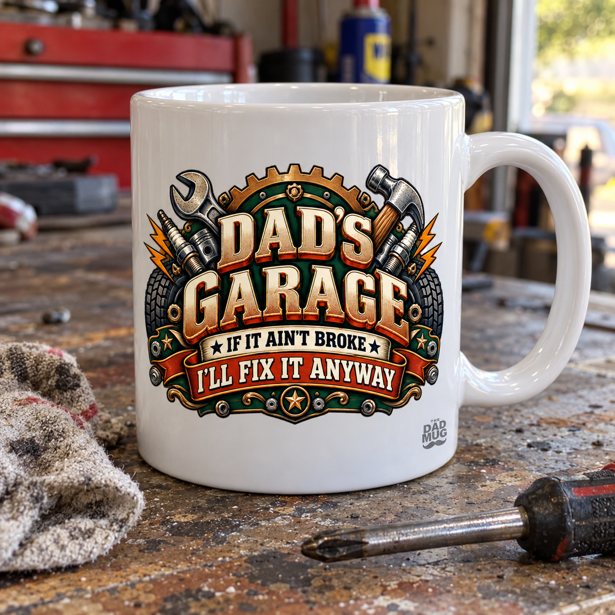 Dad’s Garage — Fix It Anyway Illustrated Mug | White Ceramic 11oz