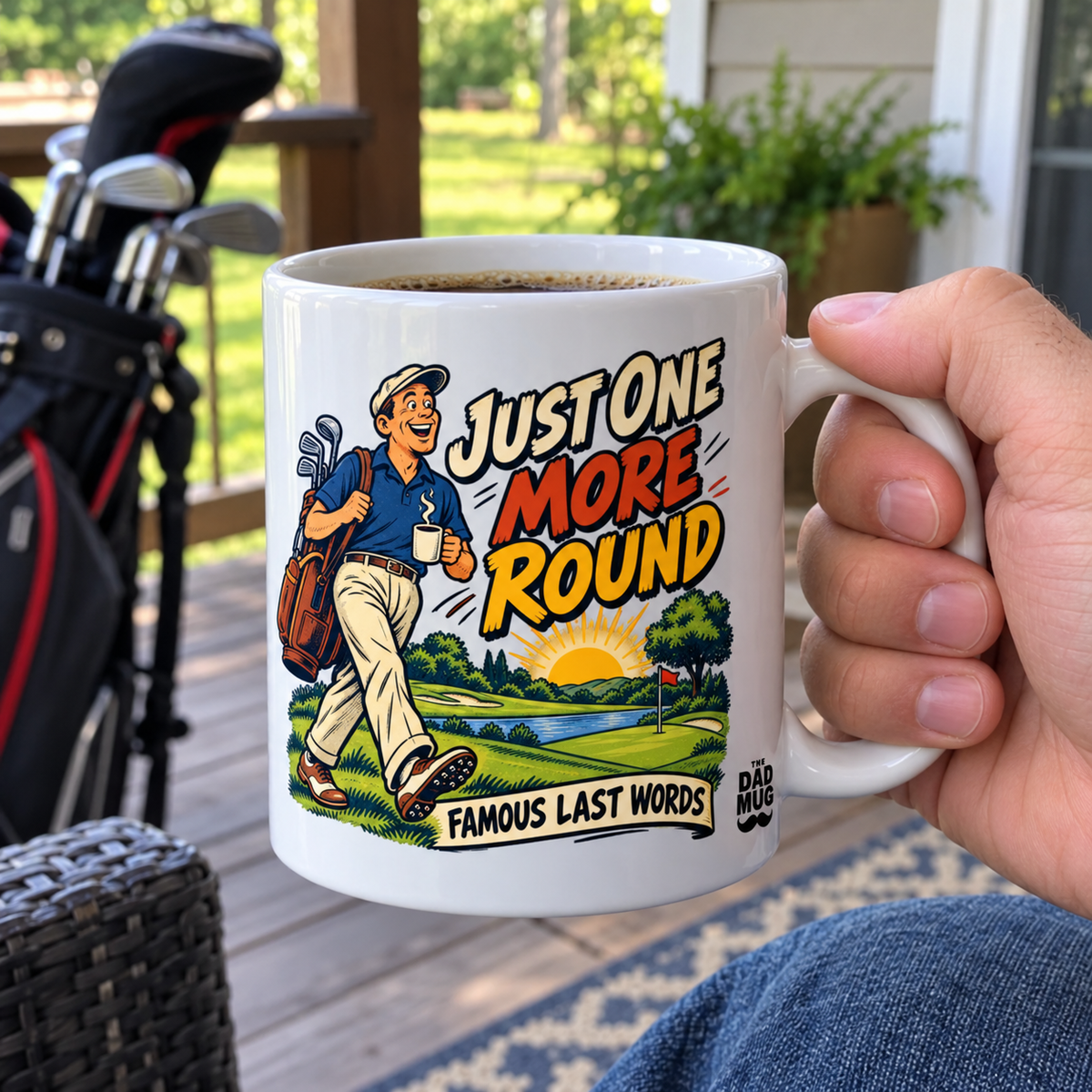 Just One More Round — Vintage Comic Golf Dad Mug | White Ceramic 11oz