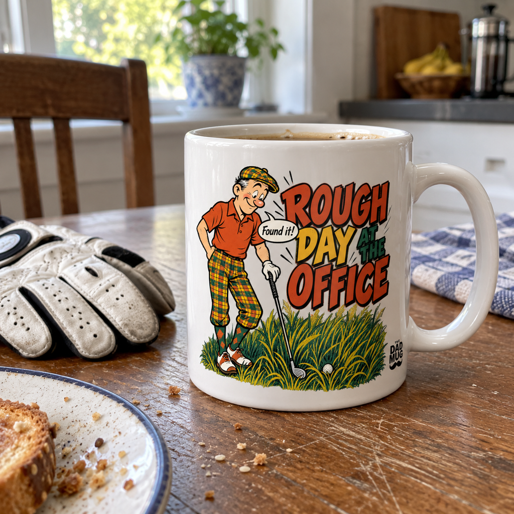 Rough Day At The Office — Vintage Comic Golf Dad Mug | White Ceramic 11oz
