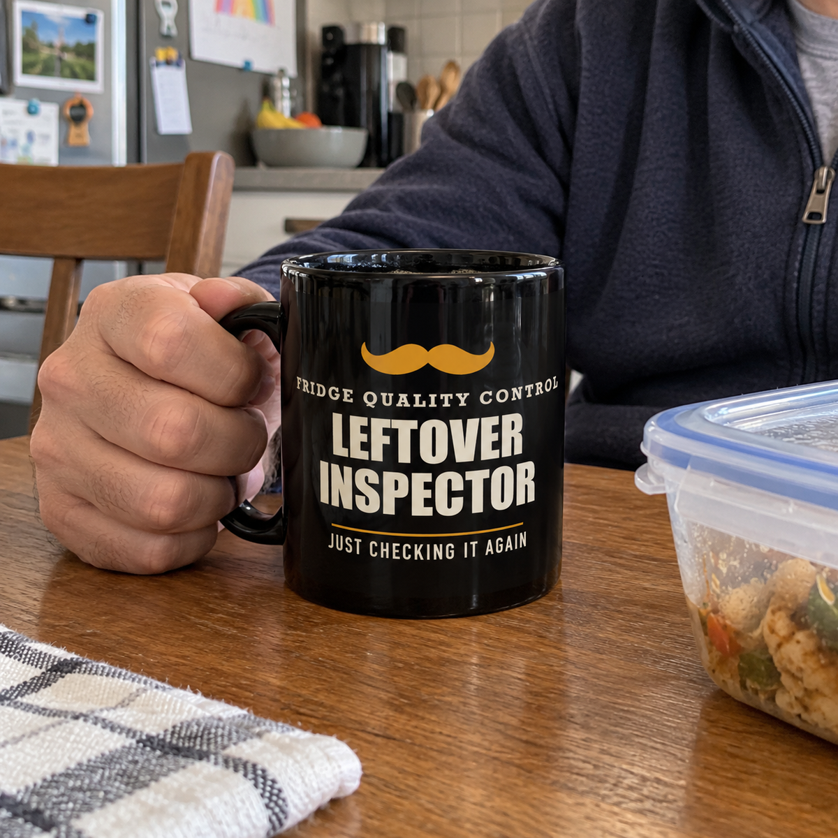 Leftover Inspector — Funny Food Gift for Dad | Black Mug, 11oz and 15oz