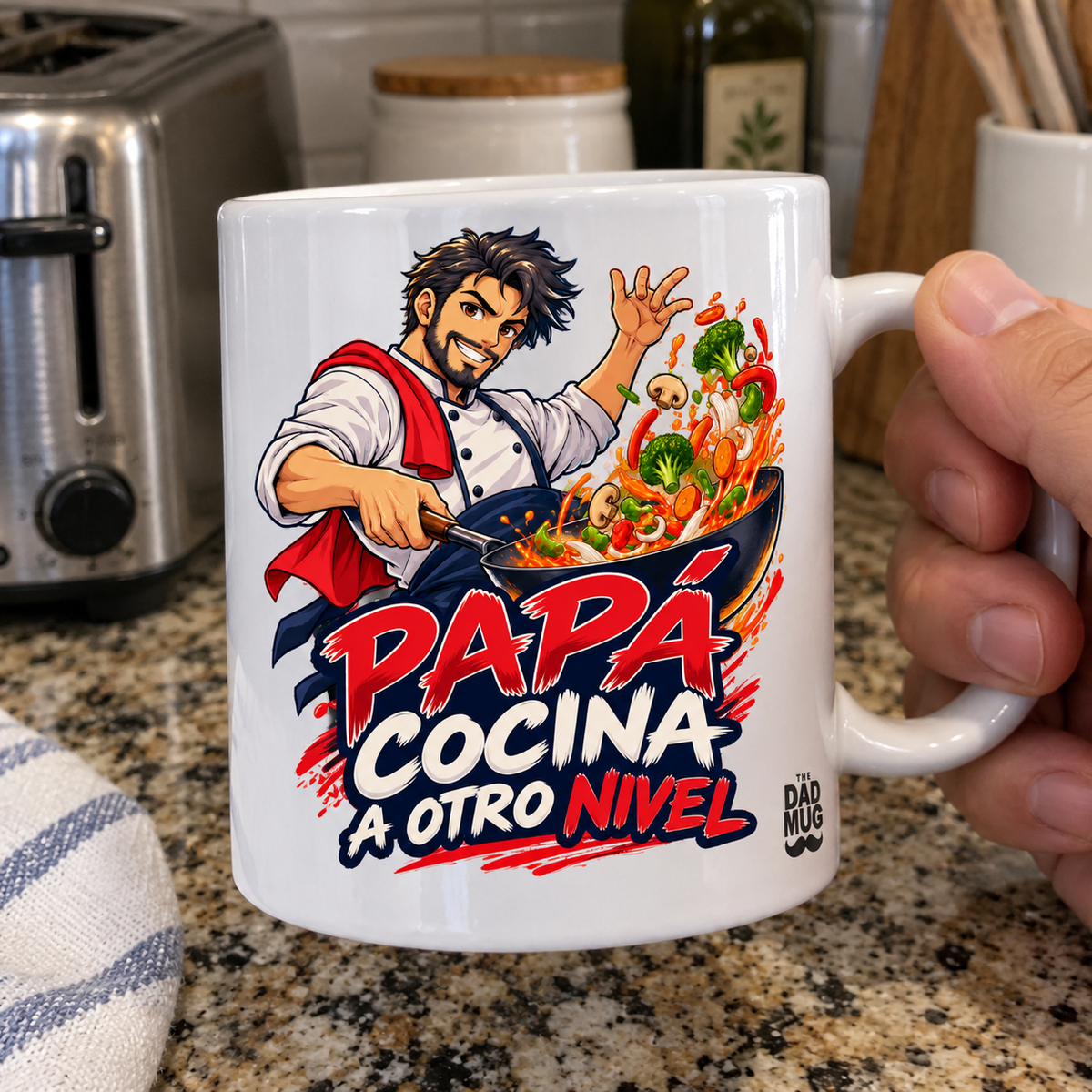 Papá cocina a otro nivel — Taza para papá chef | Cerámica blanca 11oz