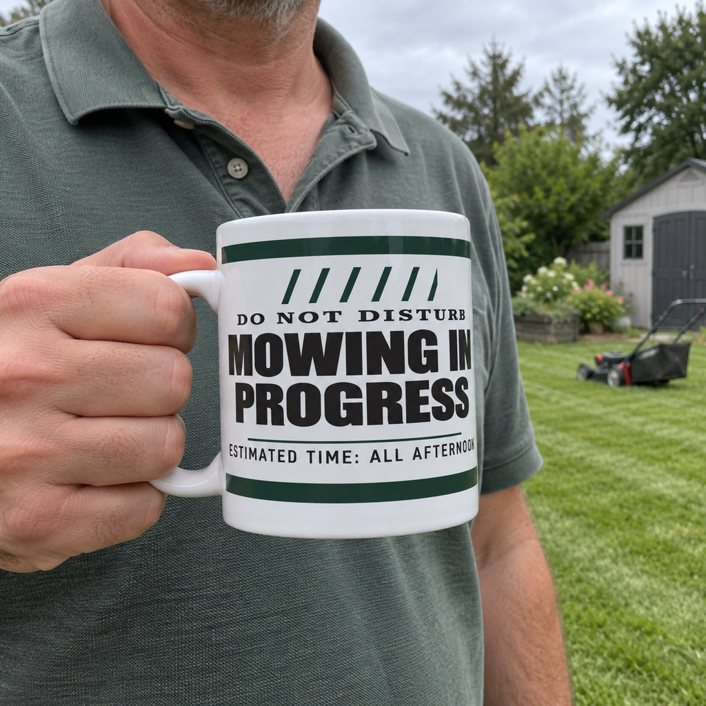 Mowing In Progress — Funny Lawn Gift for Dad | White Ceramic Mug, 11oz and 15oz