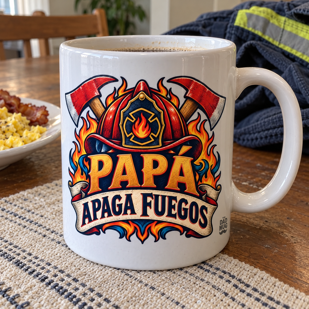 Papá apaga fuegos — Taza para papá bombero | Cerámica blanca 11oz
