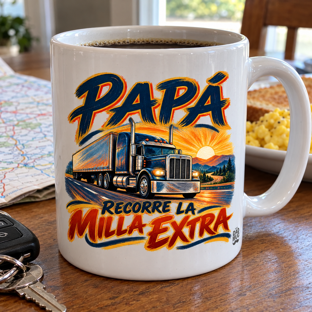 Papá recorre la milla extra — Taza para papá camionero | Cerámica blanca 11oz