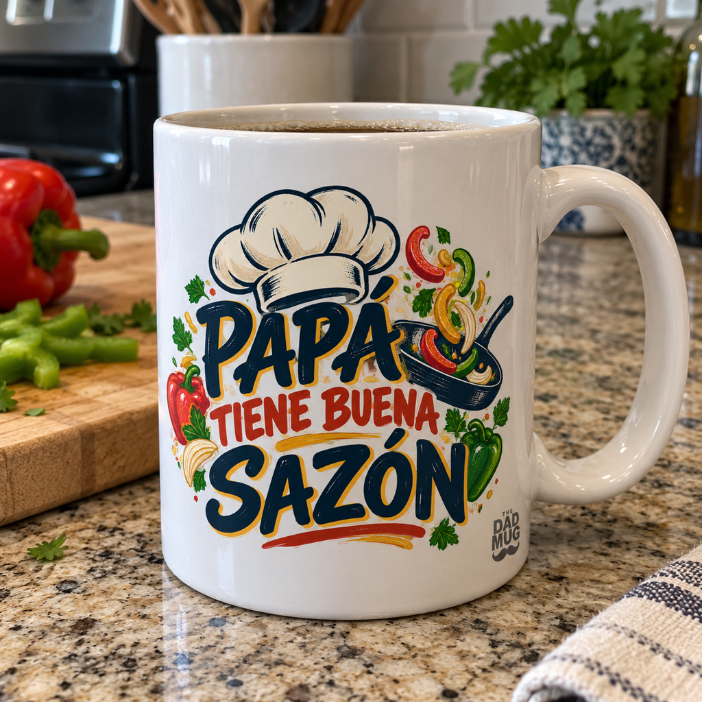 Papá tiene buena sazón — Taza para papá chef | Cerámica blanca 11oz