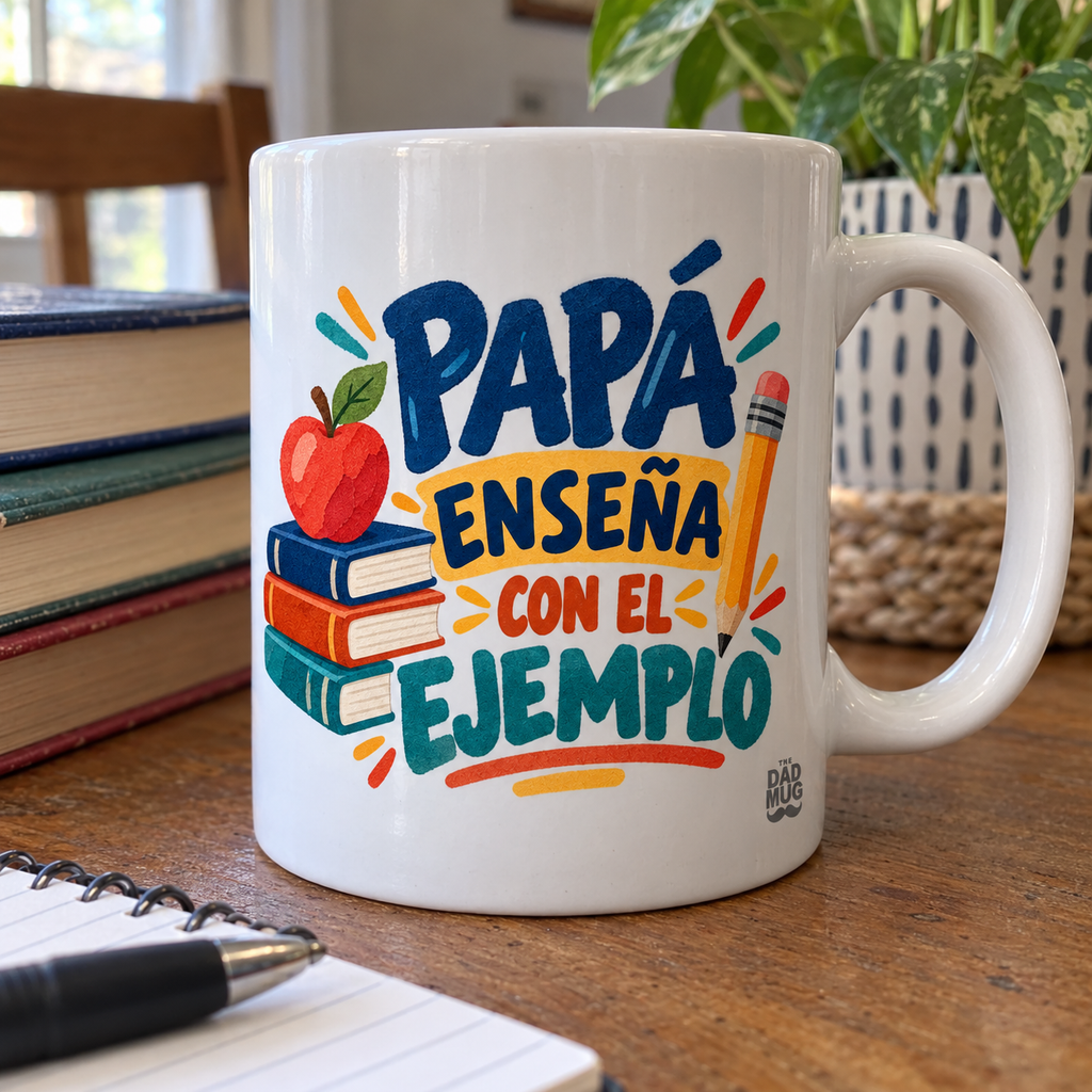 Papá enseña con el ejemplo — Taza para papá maestro | Cerámica blanca 11oz