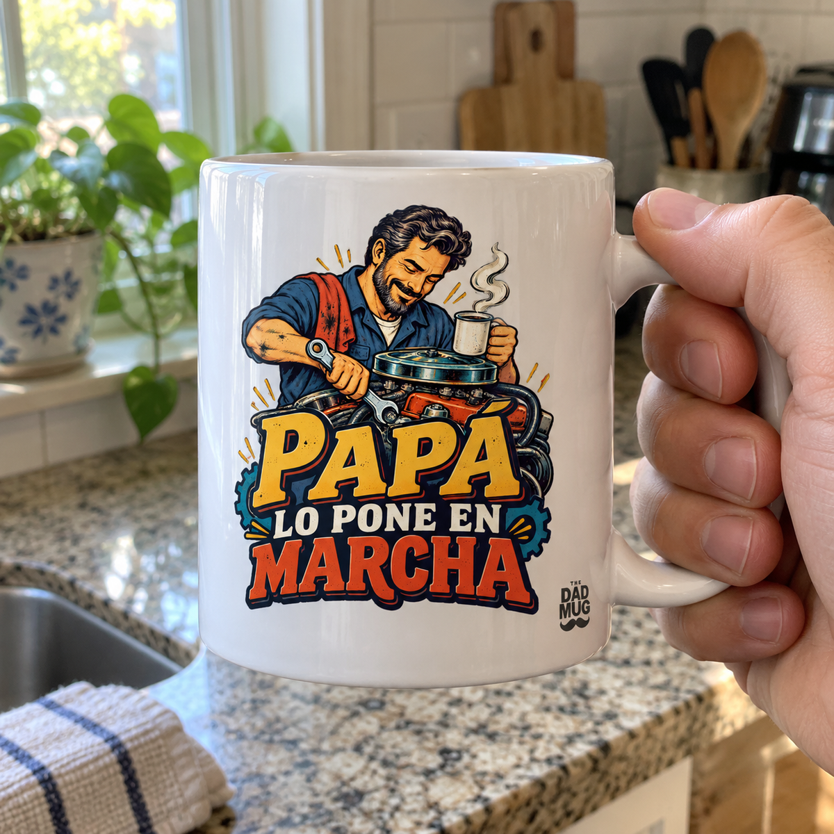 Papá lo pone en marcha — Taza para papá mecánico | Cerámica blanca 11oz