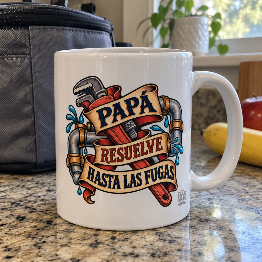 Papá resuelve hasta las fugas — Taza para papá plomero | Cerámica blanca 11oz