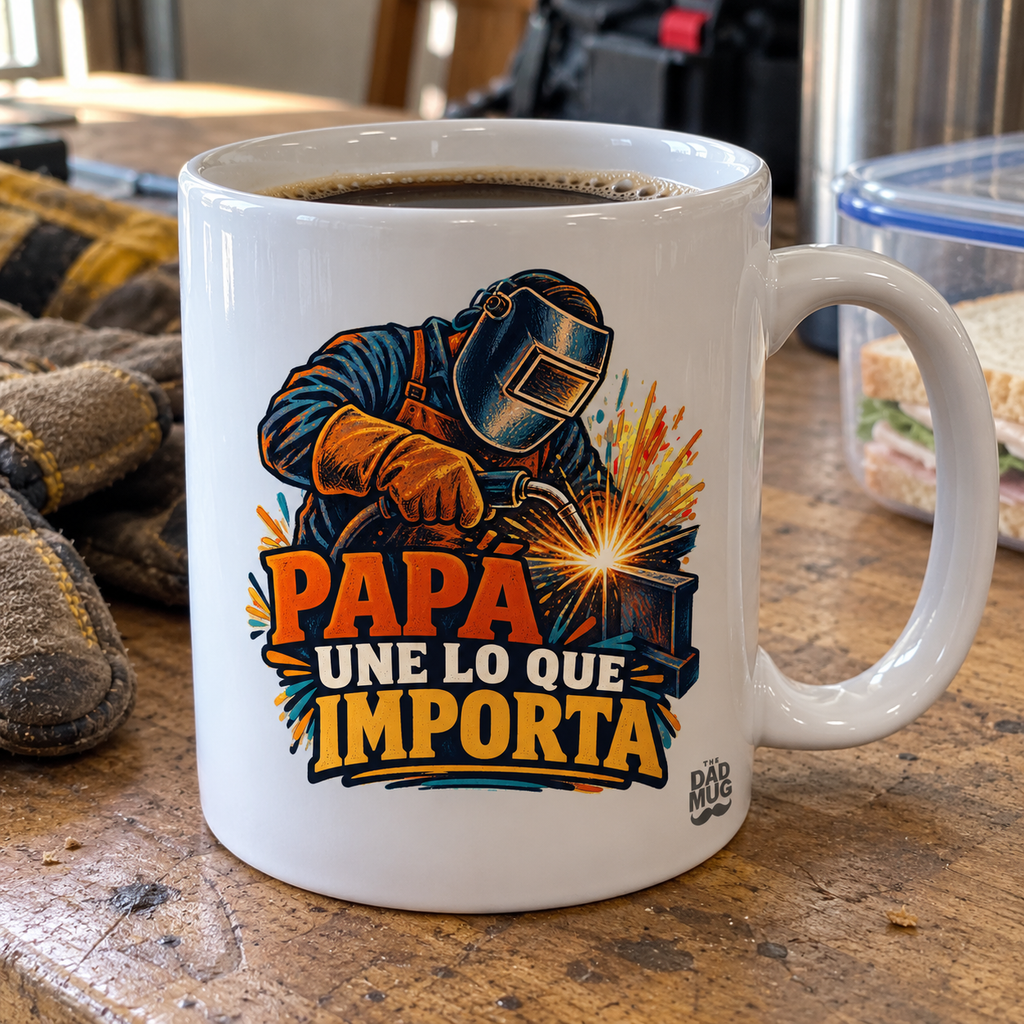 Papá une lo que importa — Taza para papá soldador | Cerámica blanca 11oz