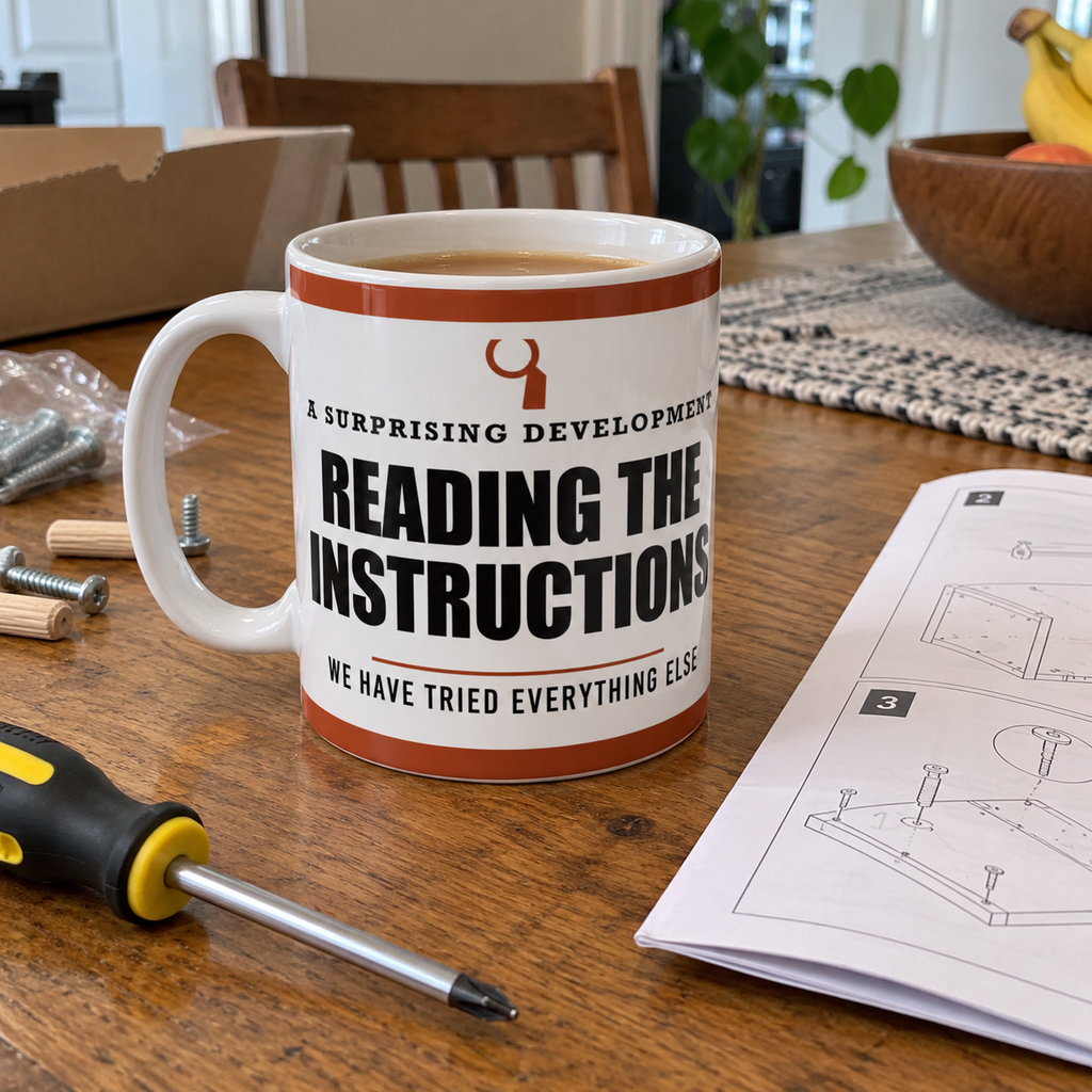 Reading The Instructions — Funny DIY Dad Gift | White Ceramic Mug, 11oz and 15oz