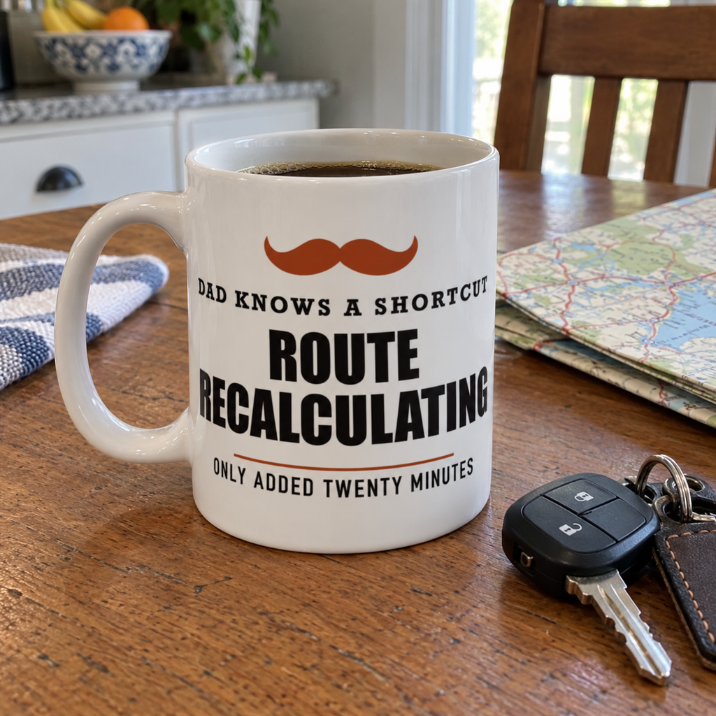 Route Recalculating — Funny Driving Gift for Dad | White Ceramic Mug, 11oz and 15oz