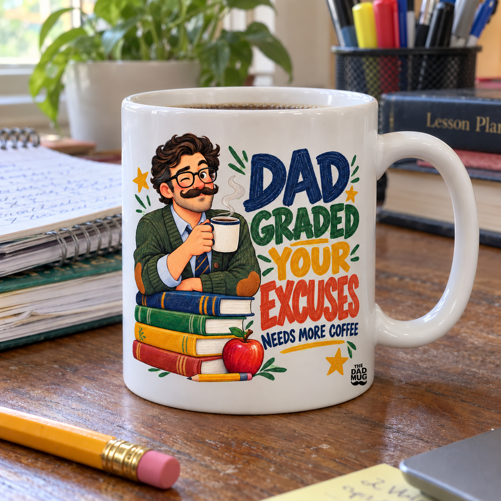 Dad Graded Your Excuses — Teacher Dad Gift Mug | White Ceramic 11oz