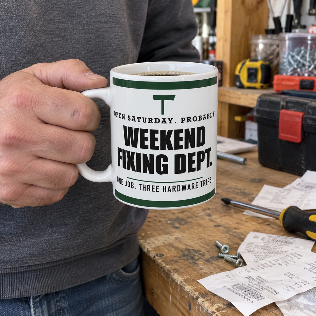 Weekend Fixing Dept. — Funny DIY Gift for Dad | White Ceramic Mug, 11oz and 15oz